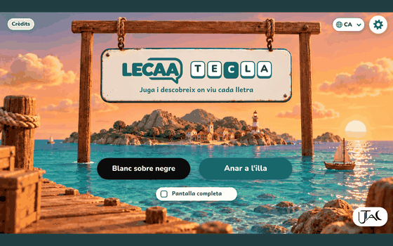 Pantalles de LECAA Tecla en català: portada, l'illa, invasors de l'alfabet, mosaic màgic, el tren de paraules, concert de tecles, constel·lacions, penals de lletres i el robot ballarí
