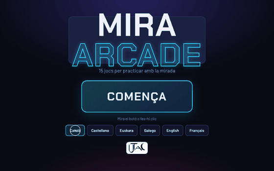 Pantalles de Mira Arcade: menú amb 15 jocs, mur de grafit, penal, trenca-maons, esclata colors, bombolles neó i road trip