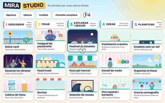 Pantalles de Mira Studio: menú amb 15 activitats, balcó verd, escenari en directe, cabina de fotos, food truck, festival de fanalets, detectiu de museu, perruqueria i emplata com un xef