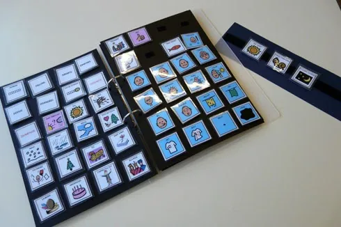 Photo: Communication book with pictures attached with Velcro for building sentences on a separate strip